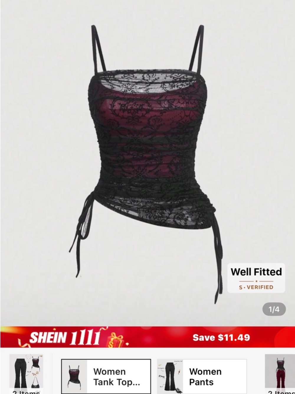 SHEIN Black Lace Overlay Burgundy Cami Tank Top